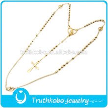 TKB-JN0028 Wholesale jewelry golden rosary beads cross 316L stainless steel necklace for women